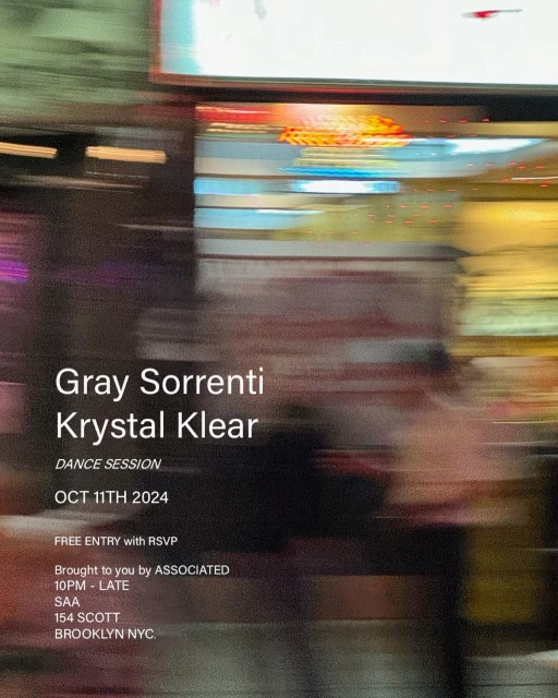 An event poster advertises a dance session with Gray Sorrenti and Krystal Klear, set for October 11, 2024, in Brooklyn, New York City.