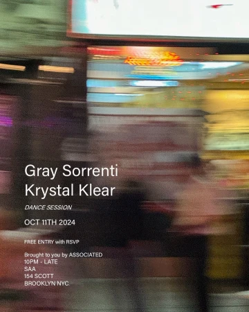An event poster advertises a dance session with Gray Sorrenti and Krystal Klear, set for October 11, 2024, in Brooklyn, New York City.