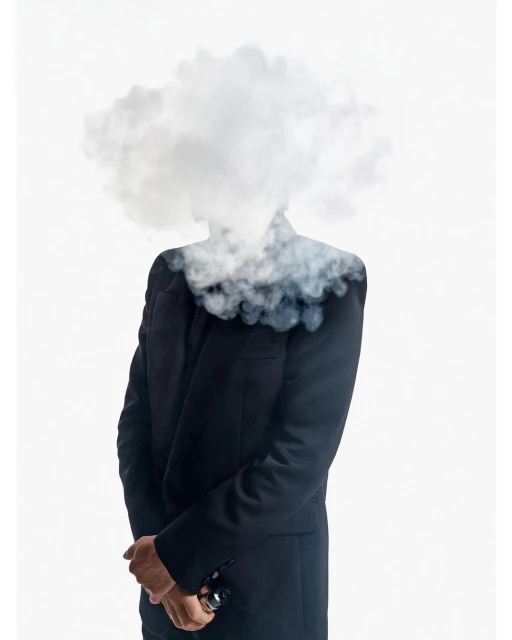 Surreal studio shot: businessman with obscured face, enveloped in dense smoke, hands clasped, set against stark white background.