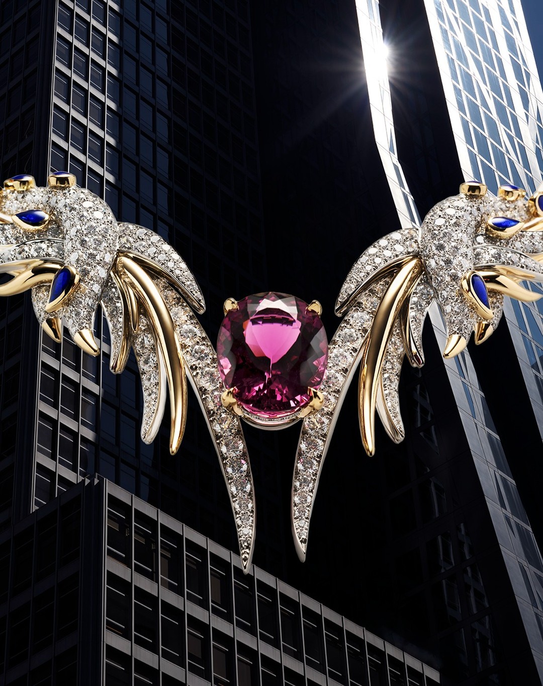 Diamond and gold dragon necklace with a large pink gemstone, set against a backdrop of modern skyscrapers with contrasting light.