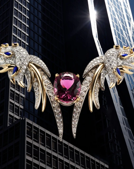 Diamond and gold dragon necklace with a large pink gemstone, set against a backdrop of modern skyscrapers with contrasting light.