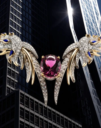 Diamond and gold dragon necklace with a large pink gemstone, set against a backdrop of modern skyscrapers with contrasting light.