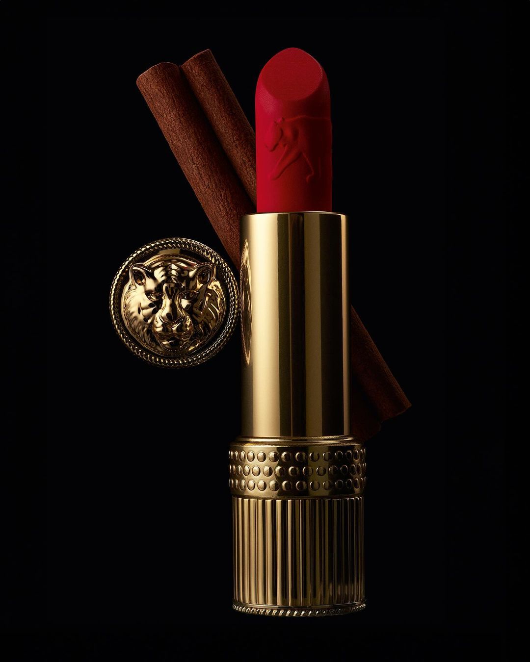 Close-up studio shot of red lipstick with gold tube, decorative gold medallion, and cinnamon sticks against a black background.
