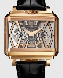 Close up product shot of a luxury gold square wristwatch with a skeleton dial and black leather strap on a white background