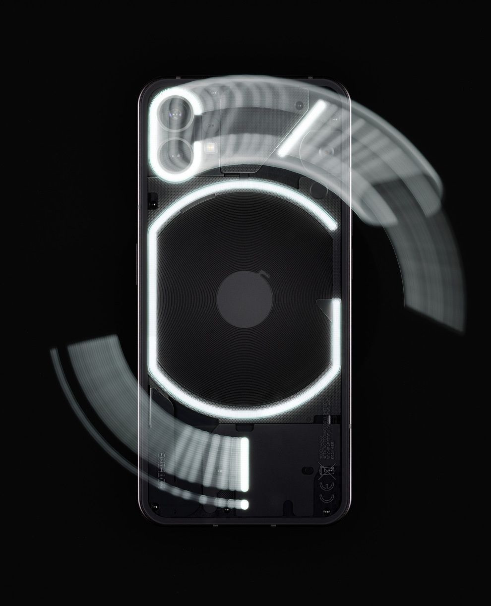 A Nothing Phone (2a) mobile device is displayed against a black background. The phone's distinctive design and glowing elements are highlighted.