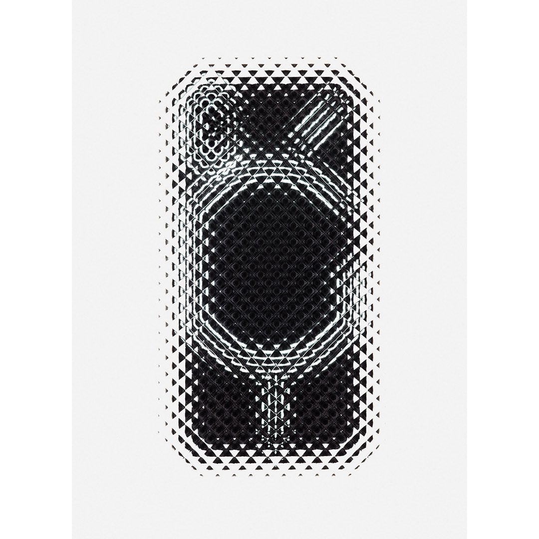 Stylized tech device art featuring a black and white smartphone with a geometric triangular pattern on a white background, presented vertically.