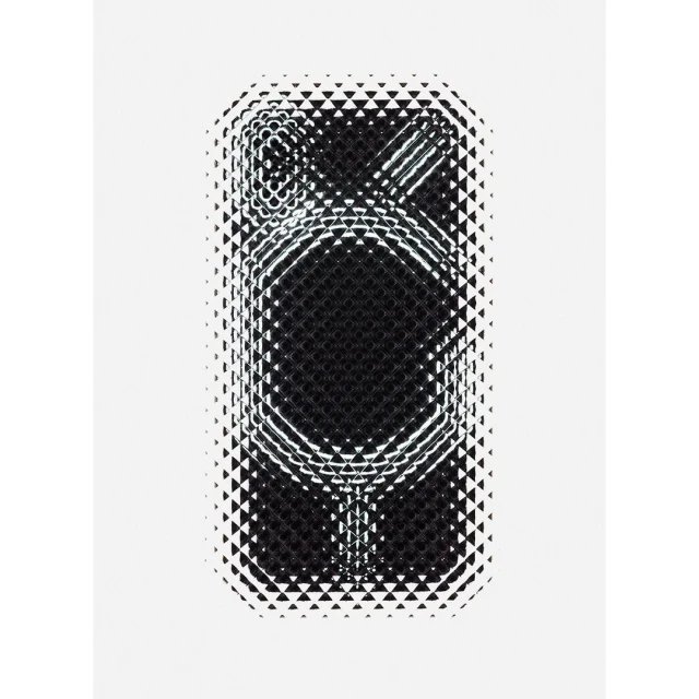 Stylized tech device art featuring a black and white smartphone with a geometric triangular pattern on a white background, presented vertically.