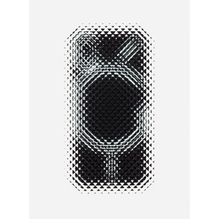 Stylized tech device art featuring a black and white smartphone with a geometric triangular pattern on a white background, presented vertically.