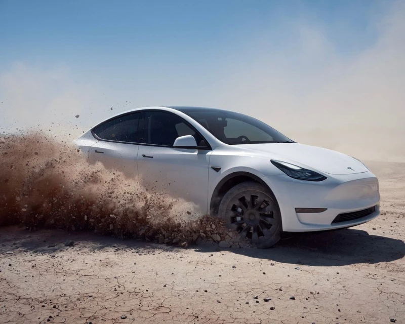 White Tesla Model Y drives through a dusty, arid landscape with visible dirt and dust clouding around the tires and wheel wells.