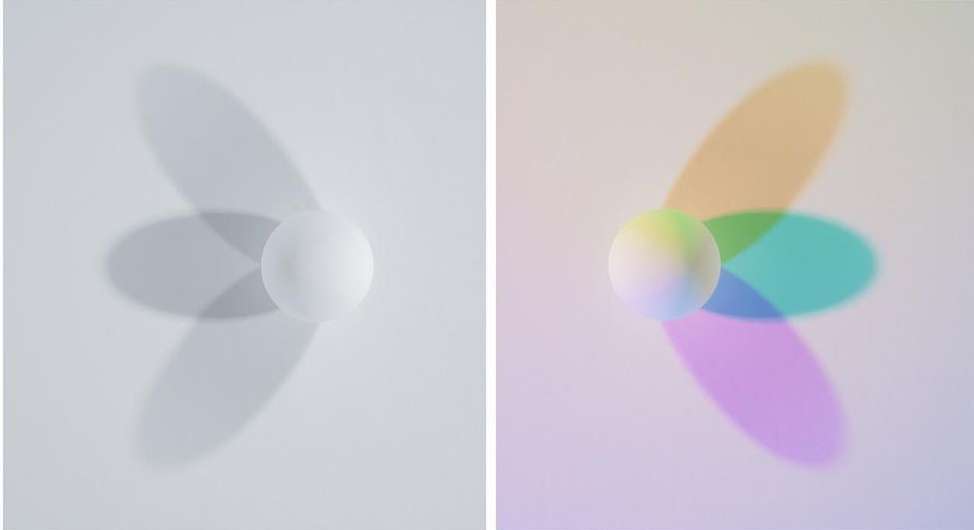 Still life of a white sphere casting colorful shadows on a white surface. Two images side by side, one with grey shadows, one with color.
