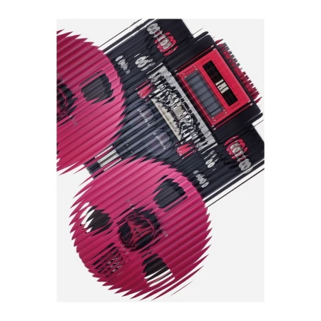 Abstract photo of a black and red accordion surrounded by two pink film reels on a bright white background with dynamic wave effects.