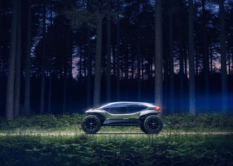 Futuristic four-wheeled all-terrain vehicle in a dark forest environment with tall trees and dense ground vegetation.