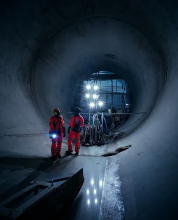 Two construction workers stand inside a large concrete tunnel, illuminated by bright lights and wearing orange safety gear and hard hats.