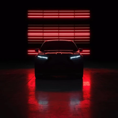 Sleek, shadowed car with glowing headlights, set against a dark backdrop with horizontal neon red lighting, evoking a modern, automotive feel.