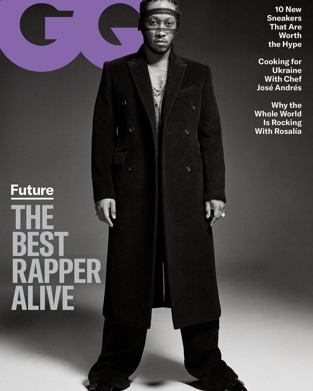 GQ magazine cover featuring Future in a dark coat and pants, set against a gray backdrop with magazine text and headlines.