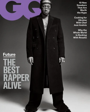 GQ magazine cover featuring Future in a dark coat and pants, set against a gray backdrop with magazine text and headlines.