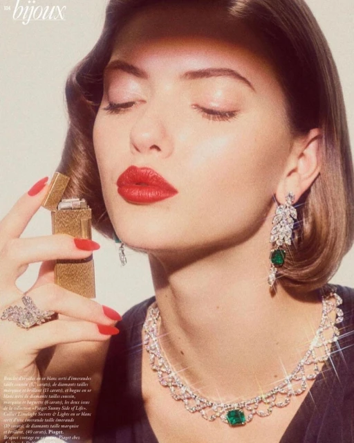 Elegant woman with red lipstick poses with vintage jewelry and a gold lighter. Studio lighting highlights the glamorous fashion aesthetic.