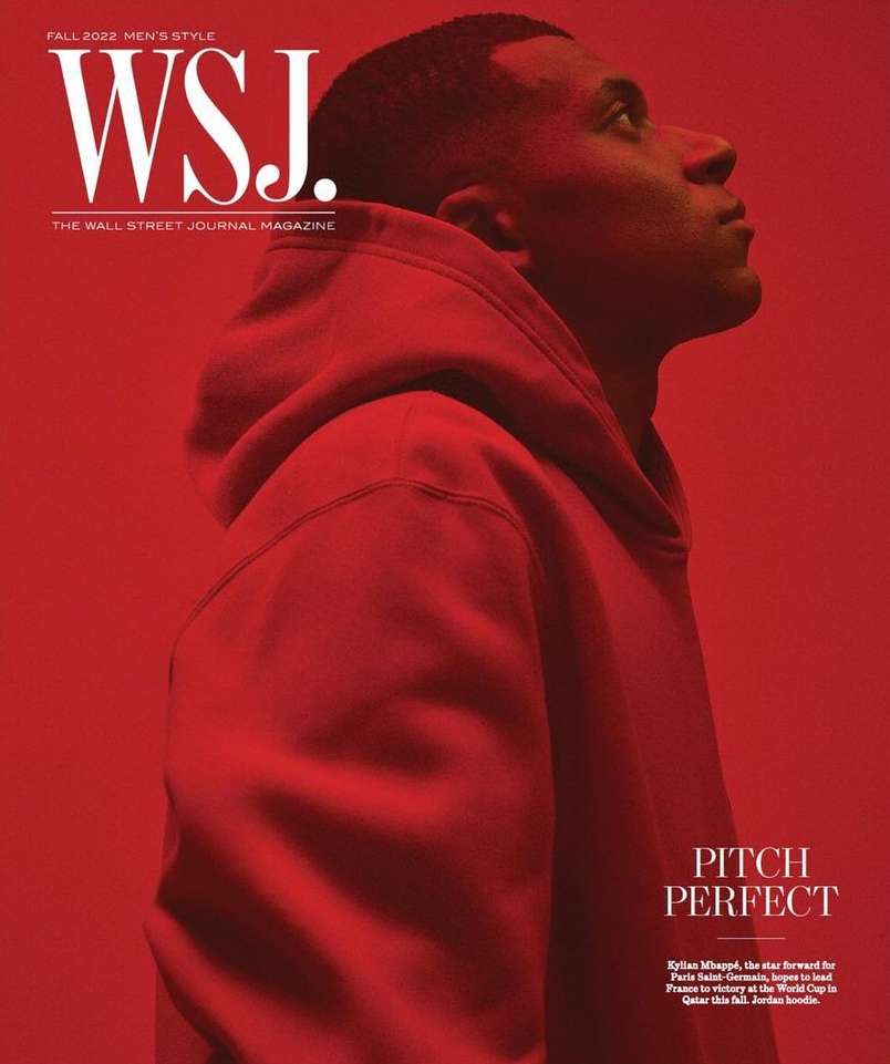 Magazine cover of Kylian Mbappé, the star forward for Paris Saint-Germain, against a red backdrop with the Wall Street Journal logo.
