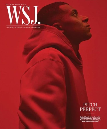 Magazine cover of Kylian Mbappé, the star forward for Paris Saint-Germain, against a red backdrop with the Wall Street Journal logo.