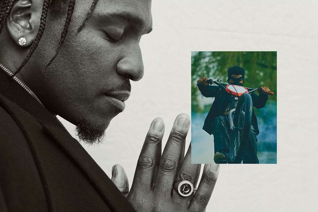 Black and white close-up of an adult male with braided hair wearing a blazer and ring, juxtaposed with a distant dirt bike rider.