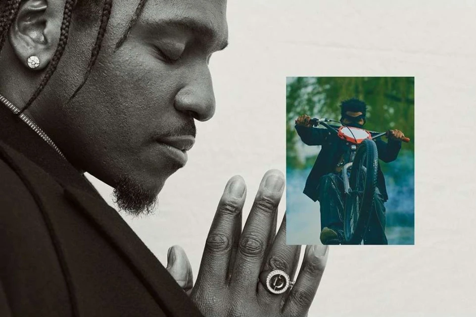 Black and white close-up of an adult male with braided hair wearing a blazer and ring, juxtaposed with a distant dirt bike rider.
