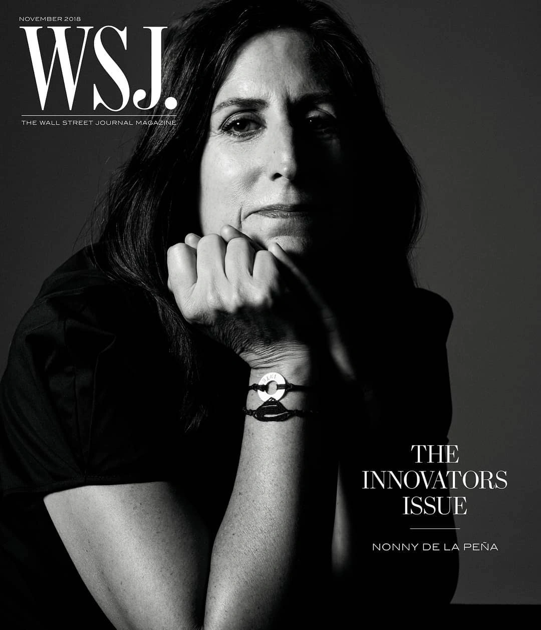 Black and white portrait of Nonny de la Peña resting her chin on her hand for WSJ Magazine cover
