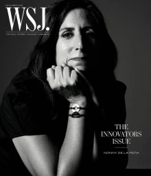 Black and white portrait of Nonny de la Peña resting her chin on her hand for WSJ Magazine cover