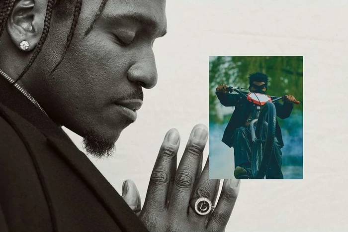 Profile portrait of a Black man with braided hair and diamond earring praying, featuring a small inset photo of a cyclist.