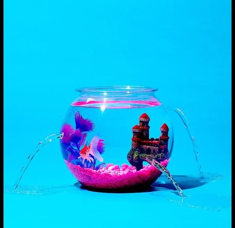 A whimsical image of a goldfish in a leaky fishbowl with a toy castle against a bright blue background, creating a surreal and playful scene.