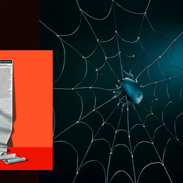 Surreal image of a computer mouse stuck in a stylized spiderweb, next to a rolled-up newspaper on an orange background.