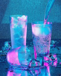 Three tall glasses filled with ice and sparkling water under vibrant blue and pink neon lighting on a reflective surface.