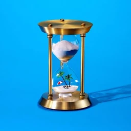 Brass hourglass containing a miniature beach scene with palm trees inside, set against a vibrant solid blue background