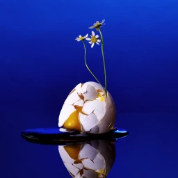 Cracked white eggshell with yellow yolk and delicate white flowers emerging against a deep blue background.