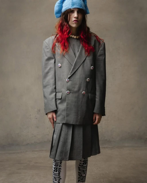 Young woman poses in grey double-breasted suit, pleated skirt, white patterned tights, and a knitted blue hat against a grey backdrop.