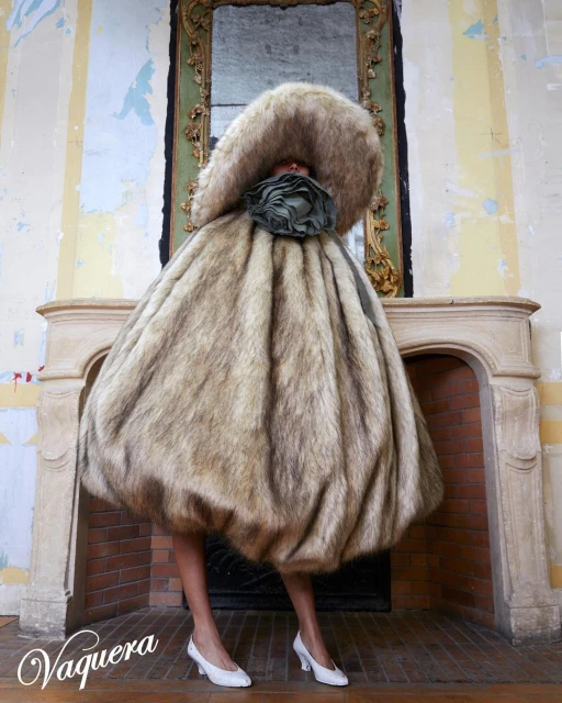 A model poses in a whimsical fur gown and large fur hat, standing in front of an ornate fireplace, and wearing white heeled shoes.