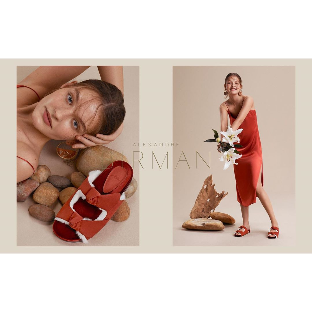 Promotional image featuring a woman in a red dress holding flowers and a close up of sandals with white fur lining and bows.