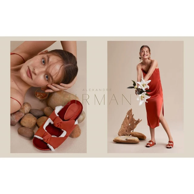 Promotional image featuring a woman in a red dress holding flowers and a close up of sandals with white fur lining and bows.