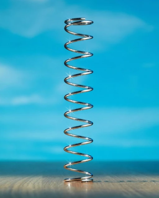Silver metal spring against a blue sky and water background, showcasing its shiny texture and spiral design on a wooden surface.