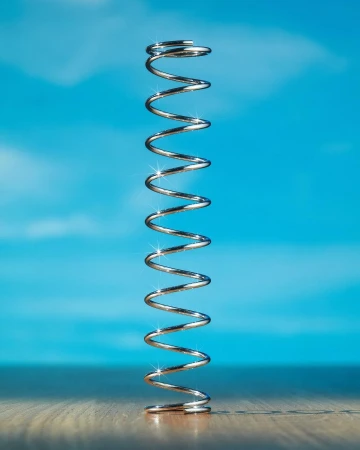 Silver metal spring against a blue sky and water background, showcasing its shiny texture and spiral design on a wooden surface.