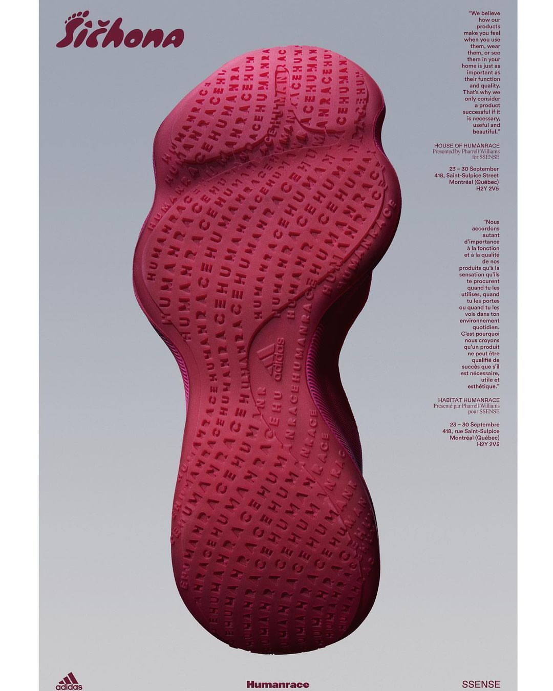 Studio shot of the sole of an Adidas Humanrace shoe in red, with repeating 'Humanrace' text, against a light grey background, product shot.