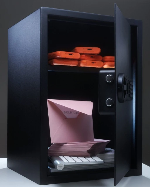 Open black safe filled with stacks of pink envelopes, orange hard drives, and a white computer keyboard, placed on a white surface.