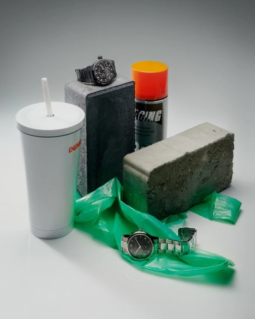 Still life photo showcasing two watches, a drink cup with a straw, an aerosol can, construction blocks, and a green plastic bag.