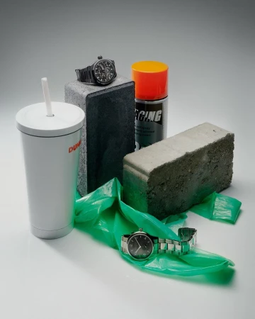 Still life photo showcasing two watches, a drink cup with a straw, an aerosol can, construction blocks, and a green plastic bag.