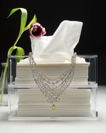 Elegant diamond necklace draped over a clear acrylic tissue box with white tissues and a purple tulip against a black background.