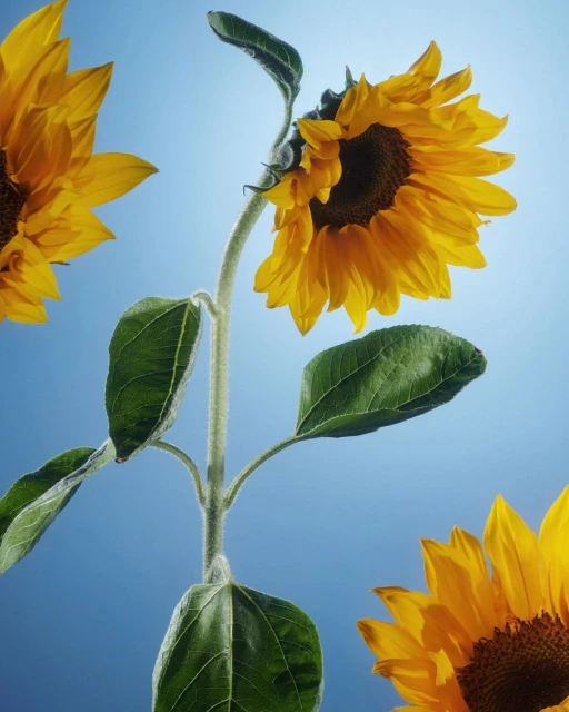Close-up of sunflowers against a gradient blue background. The vibrant yellow petals and green leaves are prominently displayed.
