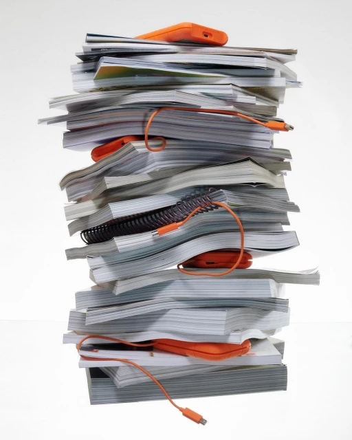 Stack of magazines and documents with an orange USB device with a cable laying on top of the pile in a brightly lit setting.