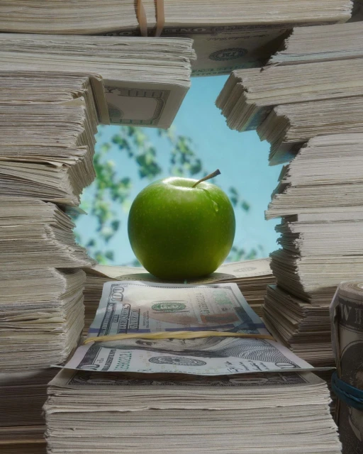 A vibrant green apple balanced atop a stack of hundred-dollar bills, framed by two towering bundles of US currency against a bright sky backdrop.