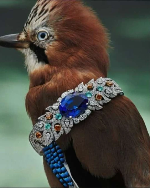 Close-up of a brown bird wearing a jeweled bracelet, featuring a large blue gemstone, around its neck. The bird is set against a soft green background.