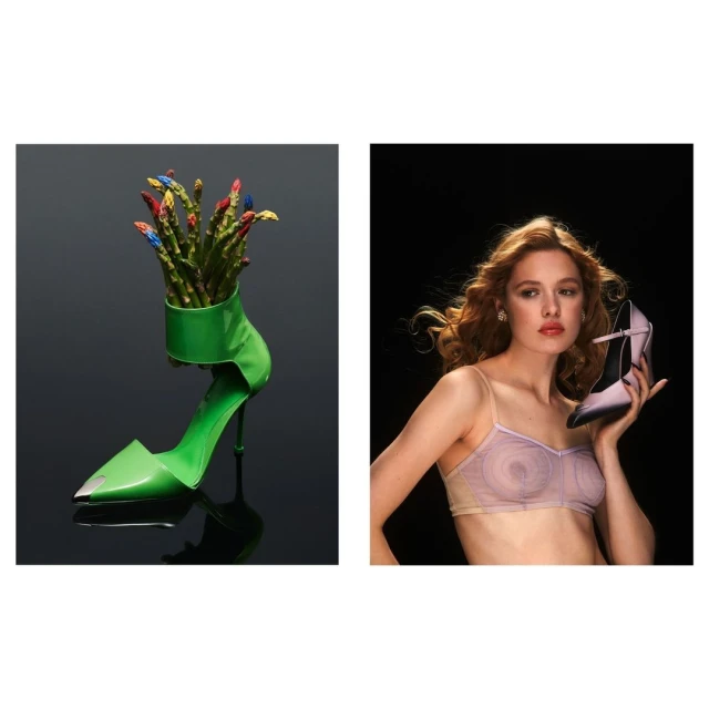 Conceptual fashion image with green high-heel shoe filled with asparagus and a model holding a lavender high-heel shoe.