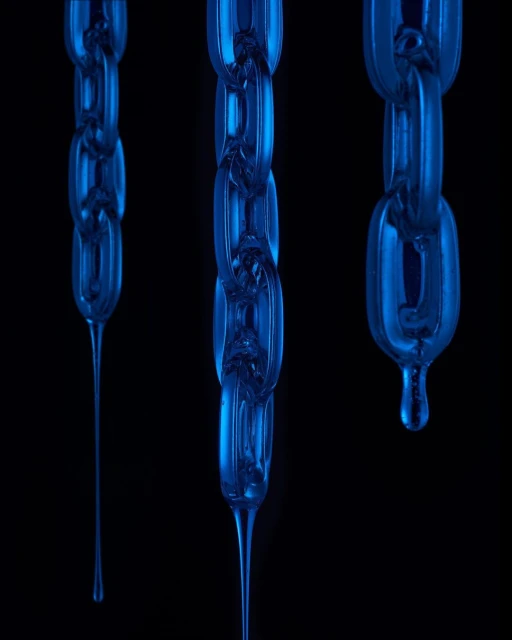 Three blue translucent chains with drips hang against a stark black background in a studio product shot with cool lighting.